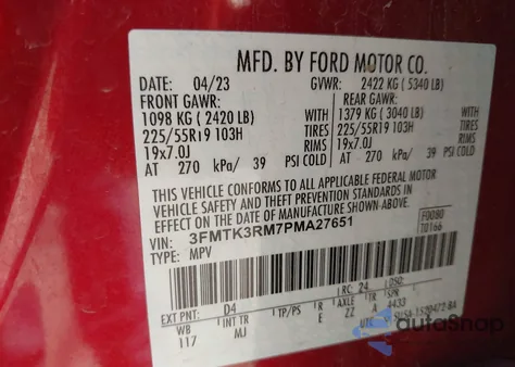 2023 Ford Mustang Mach-E Premium z USA, uszkodzony, nr VIN 3FMTK3RM7PMA27651